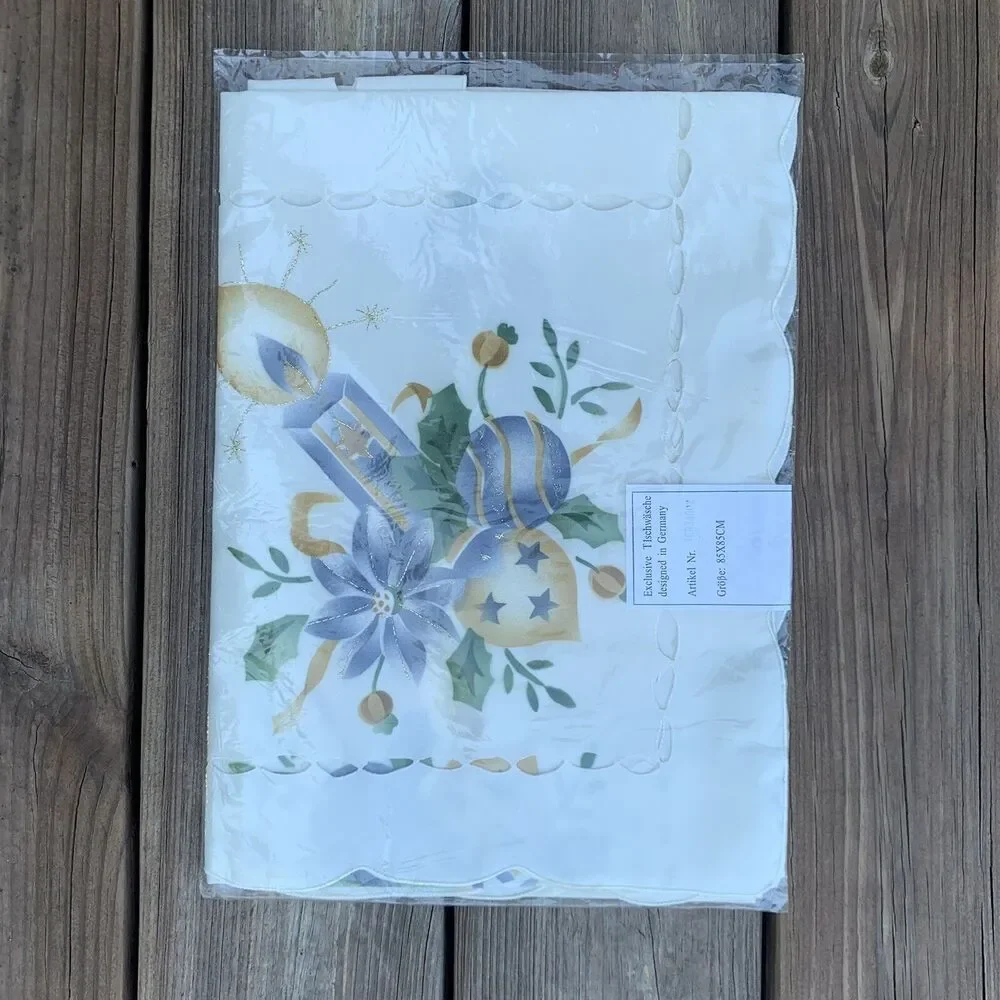 Vintage German Cream Square Christmas Candles Tablecloth Topper  33” X 33”